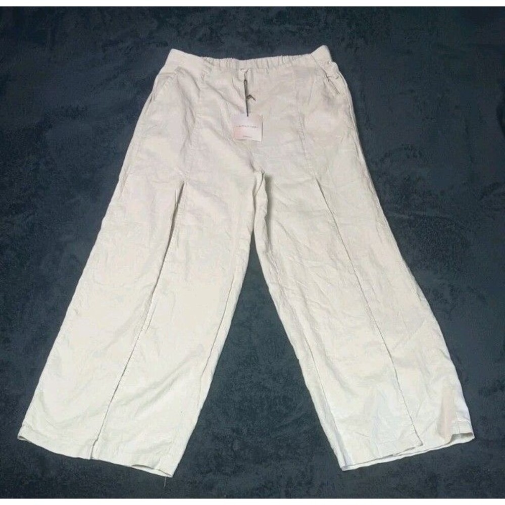 NWT! Happily Grey High Waisted Linen Blend Wide Leg Front Slit L Beige Coastal